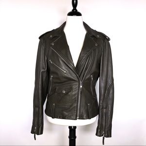 Theory ‘Dalayan’ Leather Moto Jacket in Khaki